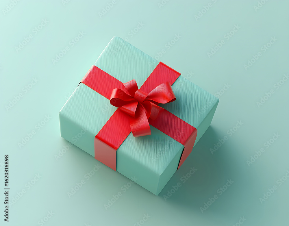 Green gift box with red ribbon on pastel background. Minimal top view layout perfect for celebration design, festive branding, or product presentation.