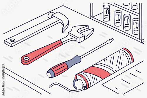 Isometric view of a workbench with a hammer adjustable wrench screwdriver caulk and shelf with cans tools