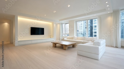 A spacious, modern minimalist living room with white walls, light wood flooring, and simple yet elegant furniture.