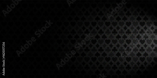 Black background with card suits. Picture spades, hearts, diamonds, clubs. Background for gambling, casino advertising. Vector illustration.