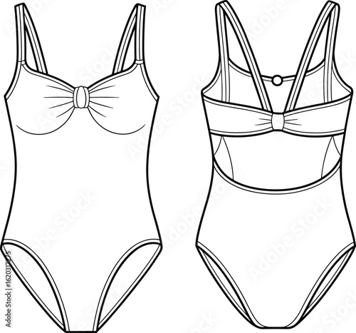 Women's Fashionable One-Piece Swimsuit Technical Flat Sketch with Bow Front and Cut-Out Back Details, Perfect for Summer Beachwear, Resort, and Poolside Styling, Vector Illustration.