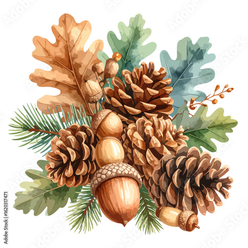 Watercolor Autumn Forest Cluster: Textured Pine Cones, Acorns, Oak Leaves, and Pine Needles