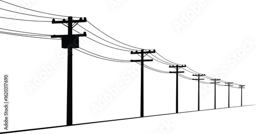 Silhouette of utility poles with transformer and power lines, perspective view, black and white electricity grid, rural infrastructure energy vector illustration