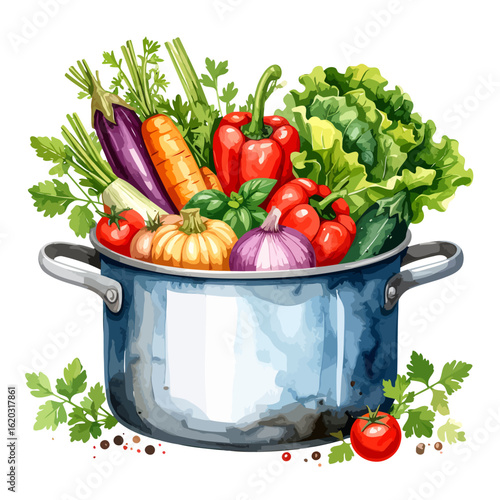 Watercolor Style Pot Filled with Fresh Vegetables, Including Eggplant and Lettuce