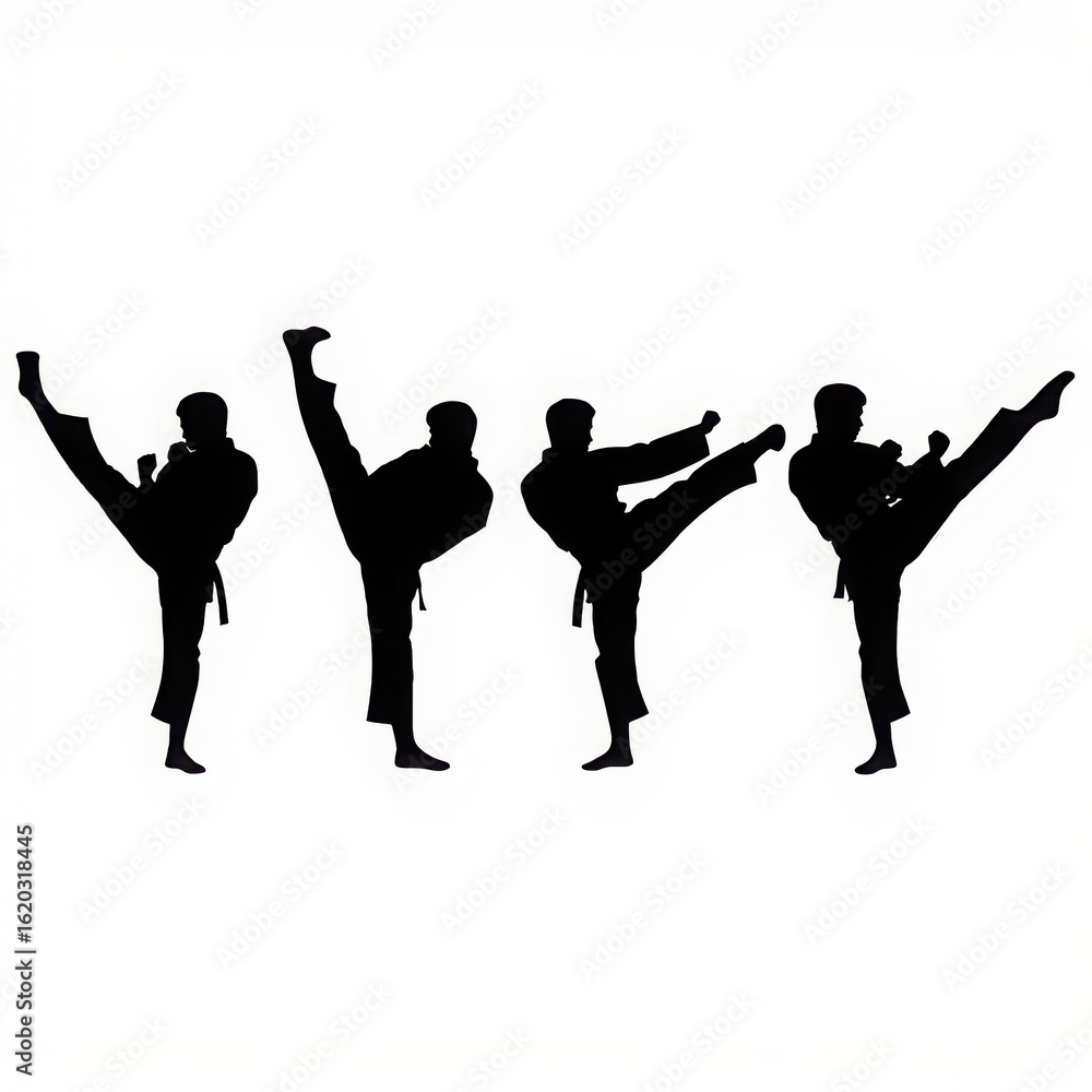 Fototapeta premium Four martial artists performing dynamic kicks in a synchronized sequence, isolated on white background