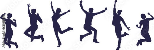ジャンプして喜びを表現する男女のシルエット