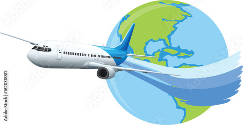 Art & Illustration "Airplane Flying Around Earth with Blue Trail and Global Background"