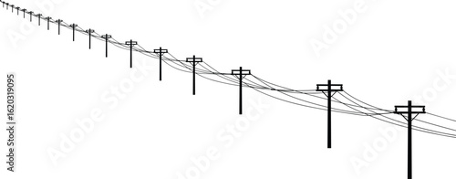 Perspective view of multiple utility poles with hanging power lines, black silhouette vector illustration of electric telephone transmission lines on white background