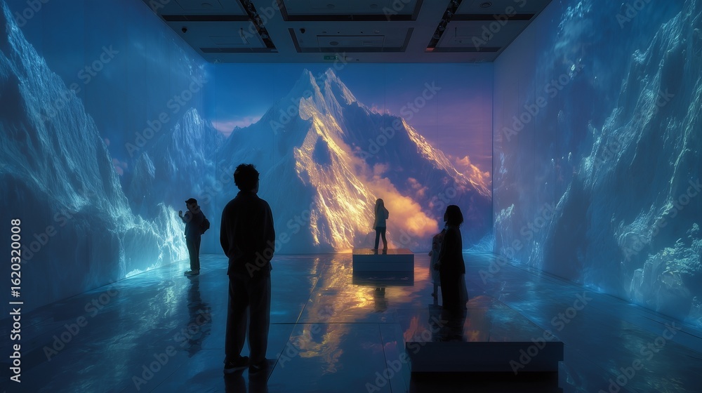 Fototapeta premium A group of people standing in a large, illuminated room with a dramatic, colorful landscape