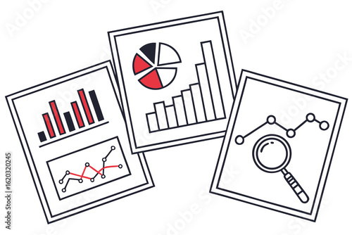 Illustration of three sheets of paper with different types of graphs and a magnifying glass icon design