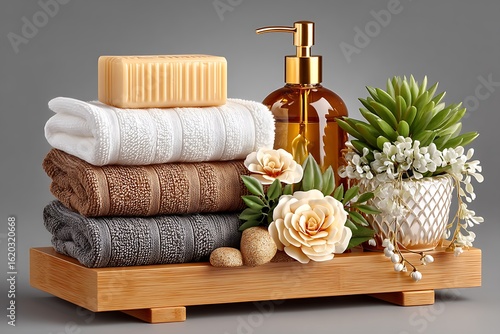 Wooden tray with clean towels high resolution picture