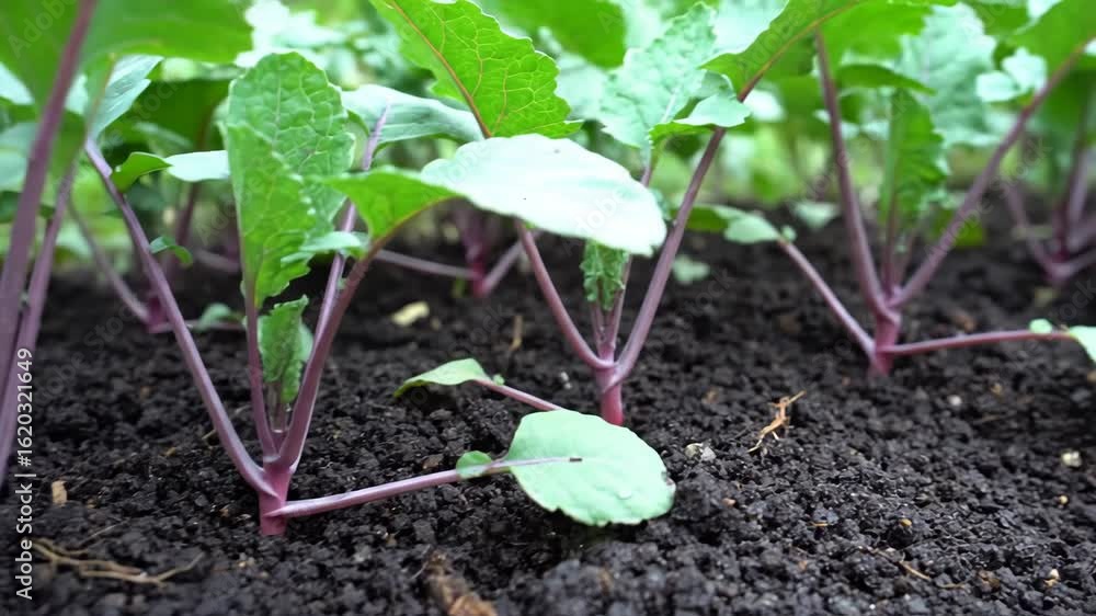 Purple kohlrabi seedlings in moist soil with soft light and breeze, crisp green leaves and rich earth textures.
Purple kohlrabi seedlings in moist soil with soft light and breeze, crisp green leaves and rich earth textures.
