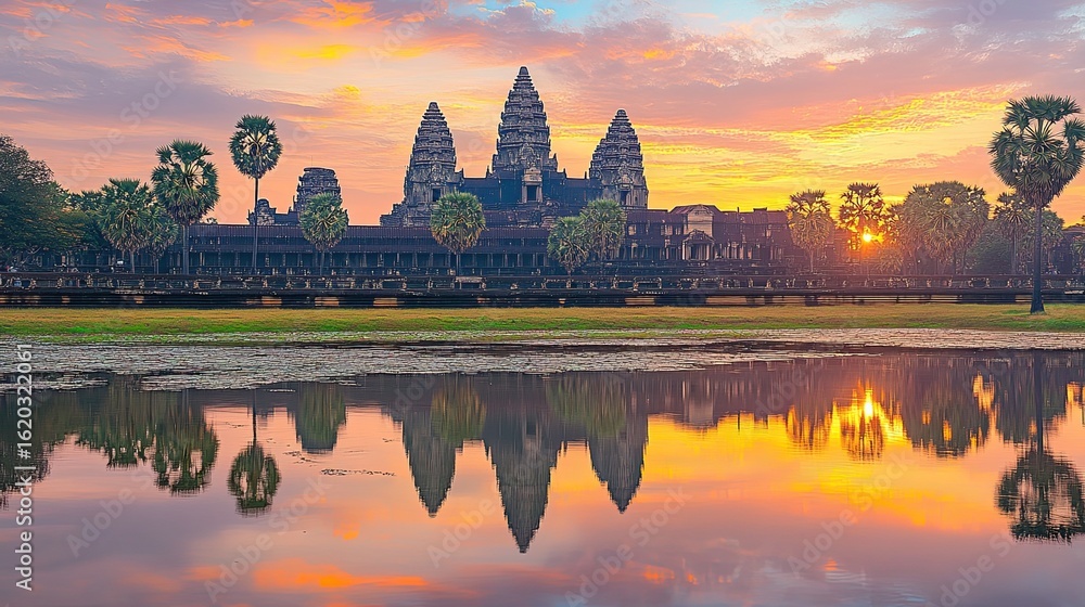 Naklejka premium Iconic Angkor Wat temple at sunrise in Siem Reap, Cambodia, famous ancient temple photography 