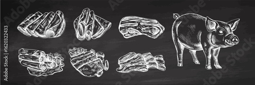 Hand drawn vintage chalkboard set of pig and ham slices in engraving style, white on black background