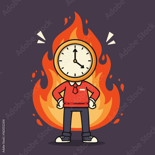 Person with clock head in red hoodie and fire background