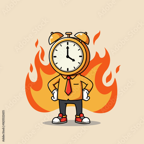 Cartoon alarm clock in tie standing before flames