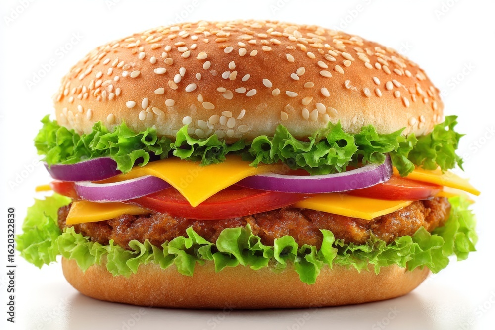 Delicious cheeseburger piled high with fresh ingredients and a toasted sesame seed bun Delicious cheeseburger piled high with fresh ingredients and a toasted sesame seed bun