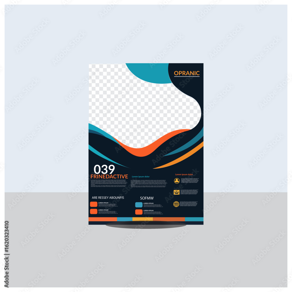 Modern flyer design template for business presentations. A vibrant, dynamic flyer template featuring a clean layout with a transparent placeholder for custom content.