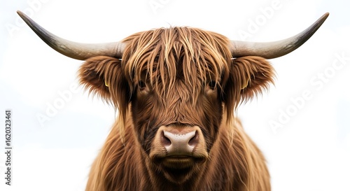 Photo of closeup portrait of a cute highland cow isolated on white background