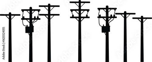 Collection of electric utility pole silhouettes with and without transformers, vector black and white illustration of electricity posts, power distribution line design