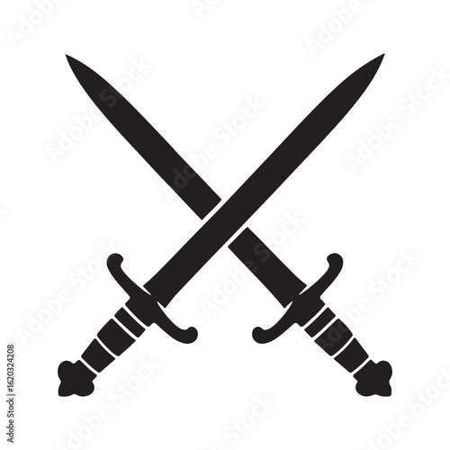 Crossed swords and shield with sharp steel blades and antique handles vector illustration	
