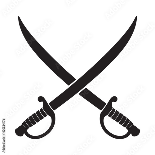 Crossed swords and shield with sharp steel blades and antique handles vector illustration	
