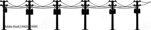 Electric utility pole silhouette with power transformers and overhead lines, vector illustration of electrical distribution system, black and white energy infrastructure design