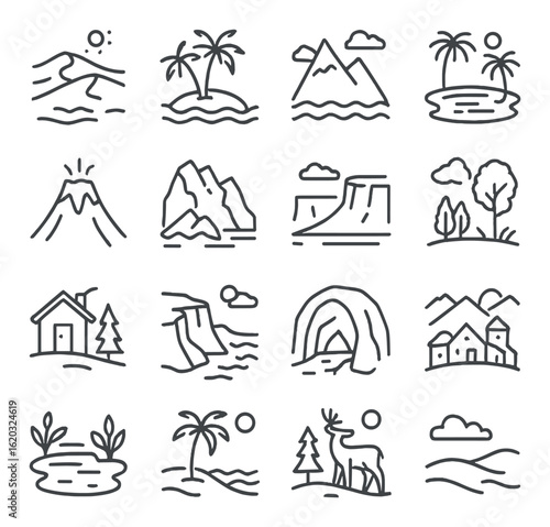 Minimalistic nature icons set featuring landscapes and wildlife