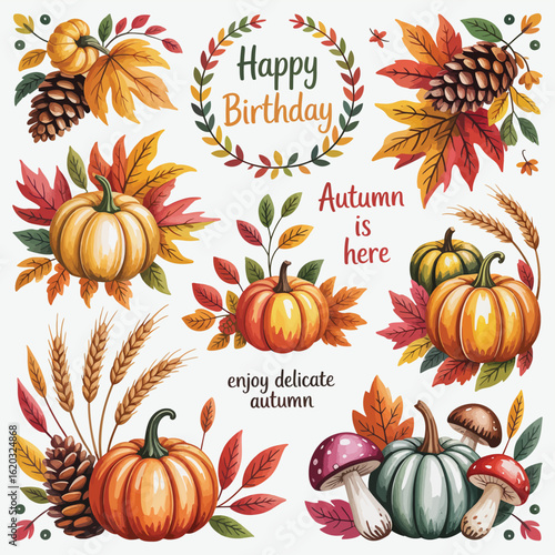  Autumn Welcome Wreaths, Hand-Drawn Leaf Icons and Fall-Themed Typography for Seasonal Greeting Designs and Decorative Application