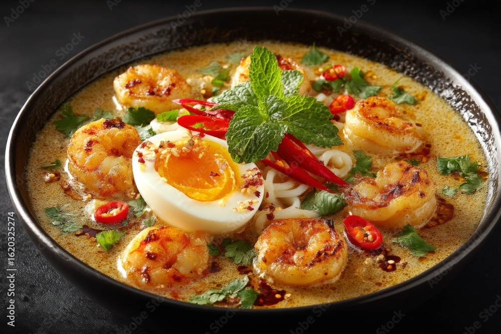 Flavorful shrimp noodle bowl with egg and herbs garnished with chili served in a black bowl Flavorful shrimp noodle bowl with egg and herbs garnished with chili served in a black bowl