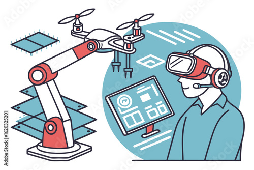 Illustration of a person using vr headset with robotic arm drone and monitor display in background