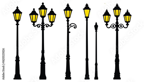 Vintage Street Lamp Silhouette Set Urban Retro Lighting Icons


