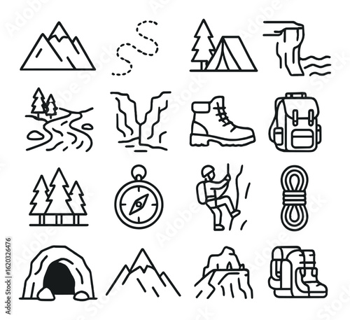 Outdoor adventure icons: mountains, camping, hiking, equipment, wilderness