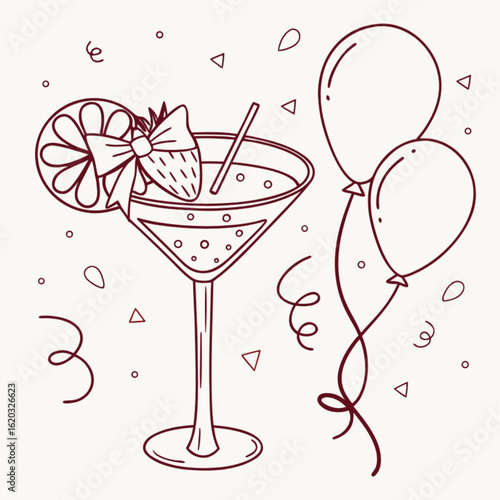 Celebrate love and good times with a vibrant cocktail party invitation card featuring a pink martini glass illustration with an olive and cherry