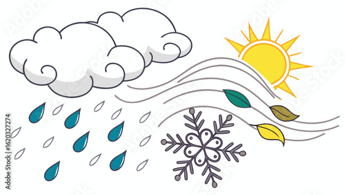 Illustration showing a cloud with rain, wind, leaves blowing, a sun, and a snowflake design element
