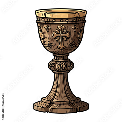 Vector of an old wooden Catholic chalice, apparently used in holy mass. Vector flat design cartoon. AI generated images.