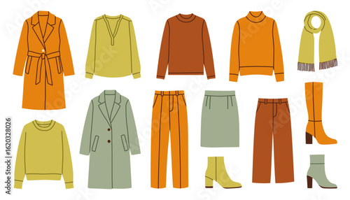 Autumn clothes simple set. Women fashionable outfits for autumn and spring, trendy fashionable store. Vector flat illustration. Coats, boots, sweaters and trousers.