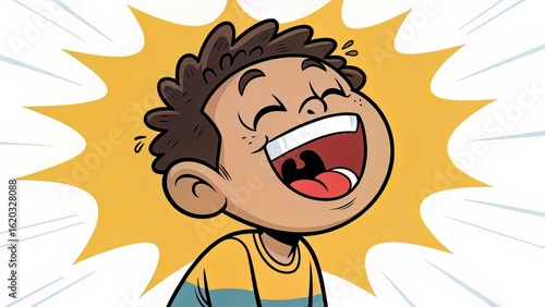 Laughing cartoon boy with wide mouth and closed eyes, illustrated in bold comic style for expressive joy