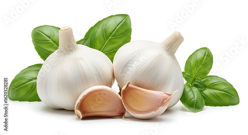 Photo of fresh garlic bulbs and basil leaves isolated on white background