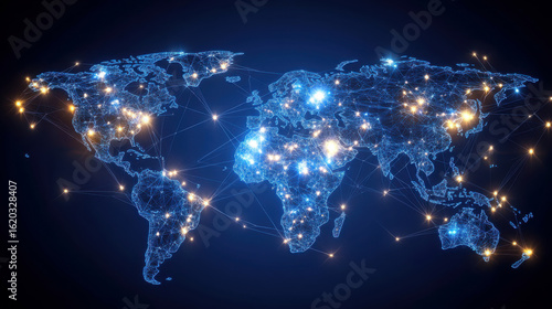 Global network connecting cities around the world with data flow