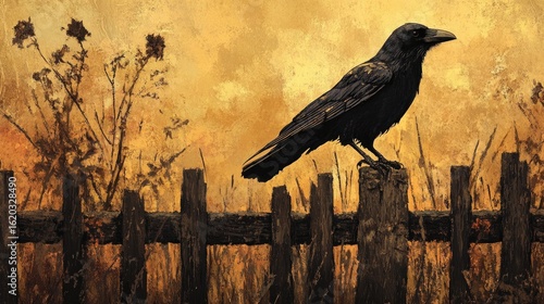 Mysterious Crow on Rustic Fence: Autumnal Background for Design Projects