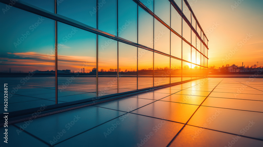 Fototapeta premium Modern glass building reflecting sunset light at dusk