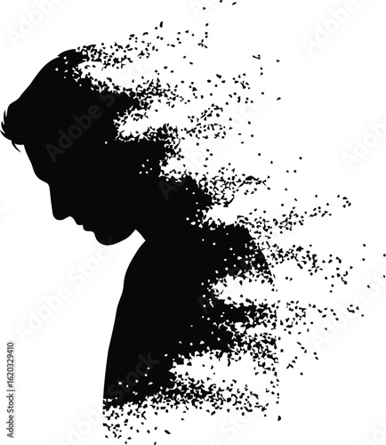 Vector art of silhouette of a sad man disintegrating,representing depression, grief, and mental health issues, conveying feelings of loss and despair