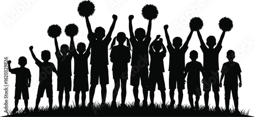 Vector art of silhouette of a group of children cheering with pom poms, representing teamwork, school spirit, and youthful energy