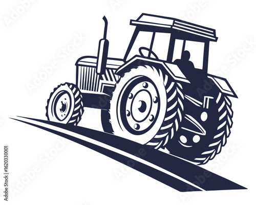 Classic farm tractor silhouette, side view.