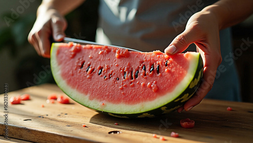 Hand slicing watermelon with chef knife on table