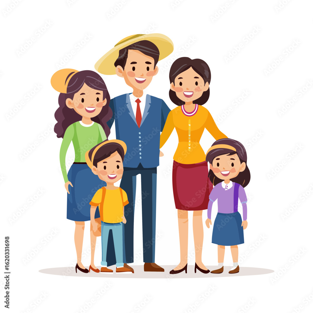 Fototapeta premium Cartoon family portrait with parents, daughter, son in colorful outfits standing together, togetherness and family values concept.