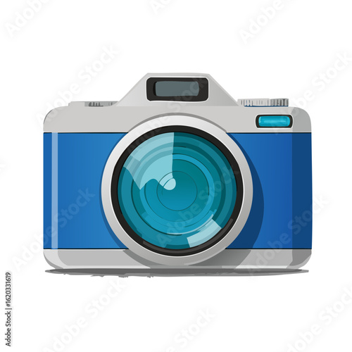 Illustration of a blue and gray camera with lens, isolated on black backdrop. Photography concept, graphic resource.