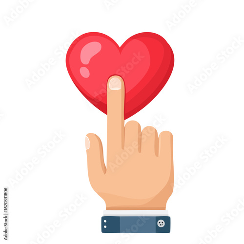 Hand pressing or pointing at a red heart shape on a black background