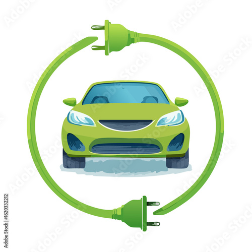 Electric Car with Power Plug Around Eco Friendly Vehicle Clean Energy Concept